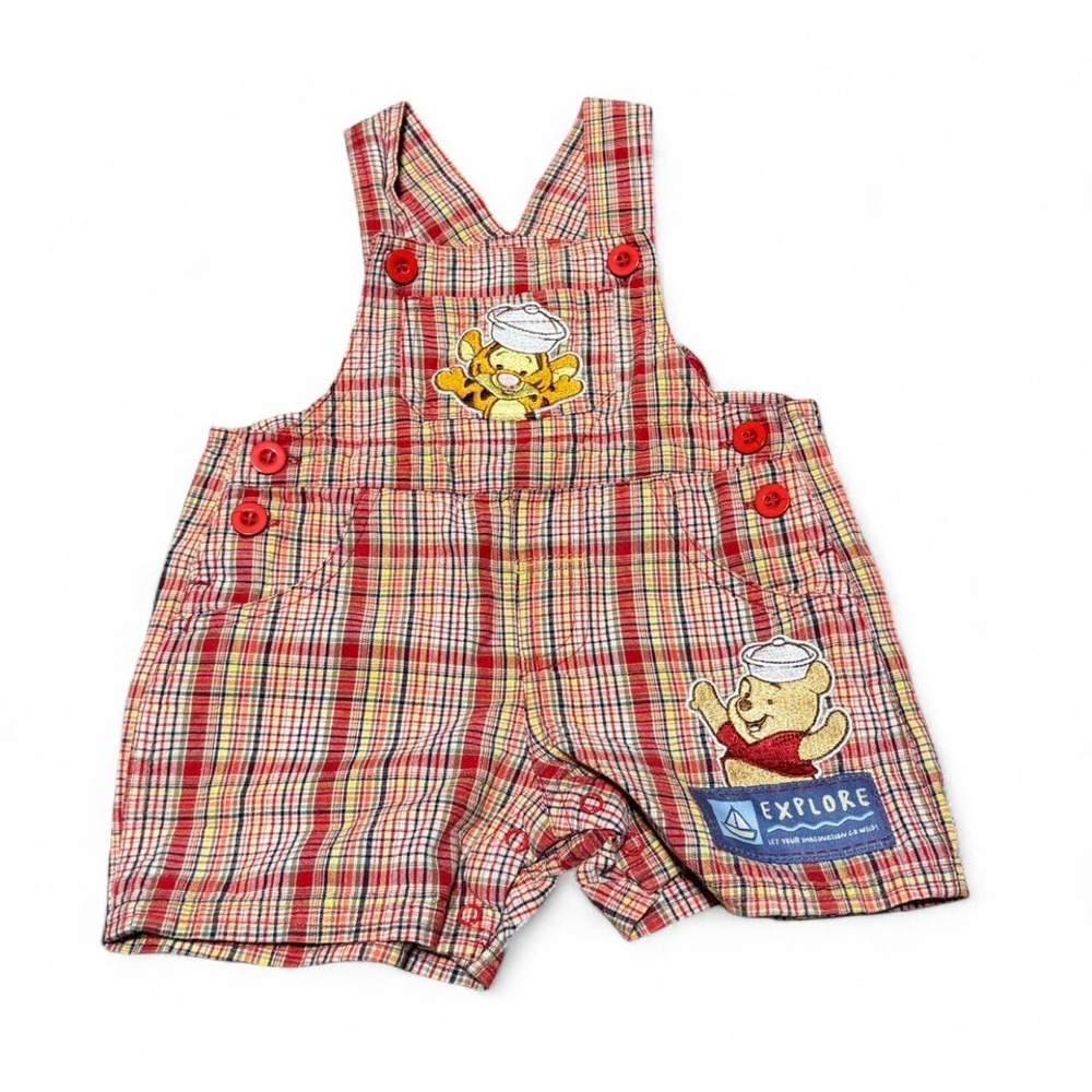 Disney Baby Winnie the Pooh Overalls 6-9 Months Plaid Shortalls Red Vintage